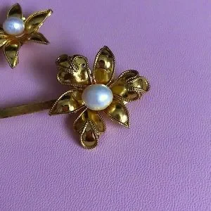Vintage 24K Gold over Copper Filigree Hair Pin Set with Fresh Water Pearl 1 Something Old Vintage Hair Pin,gold Ivory Pearl  main image 4